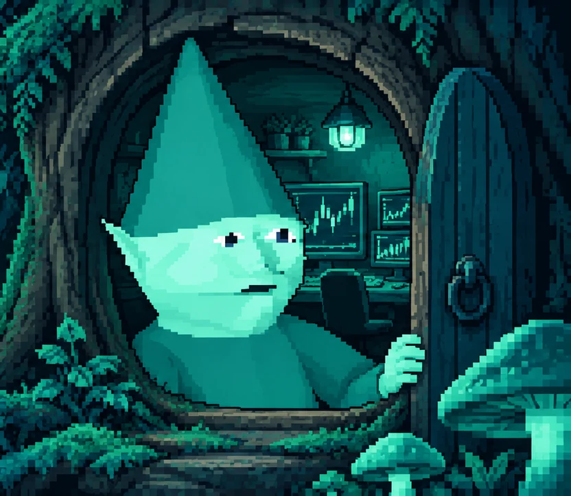 Hyper Gnome peeking out of his tree-house door with trading screens inside